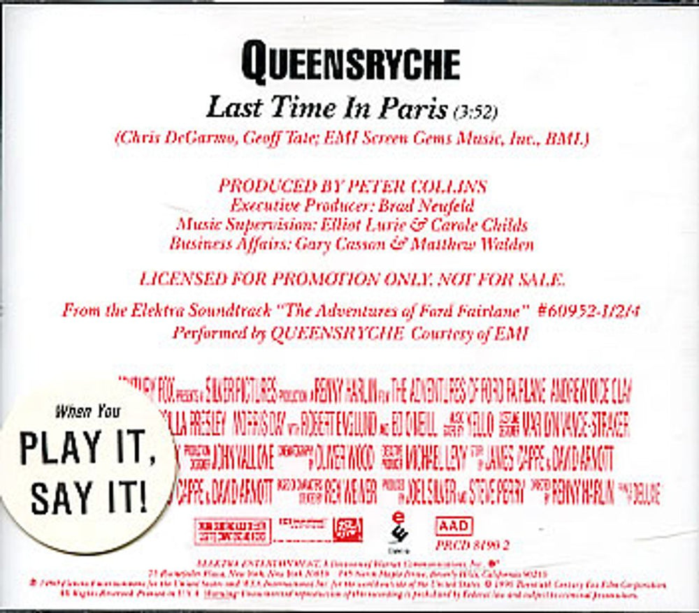 Queensryche Last Time In Paris US Promo CD single (CD5 / 5") QRYC5LA33124