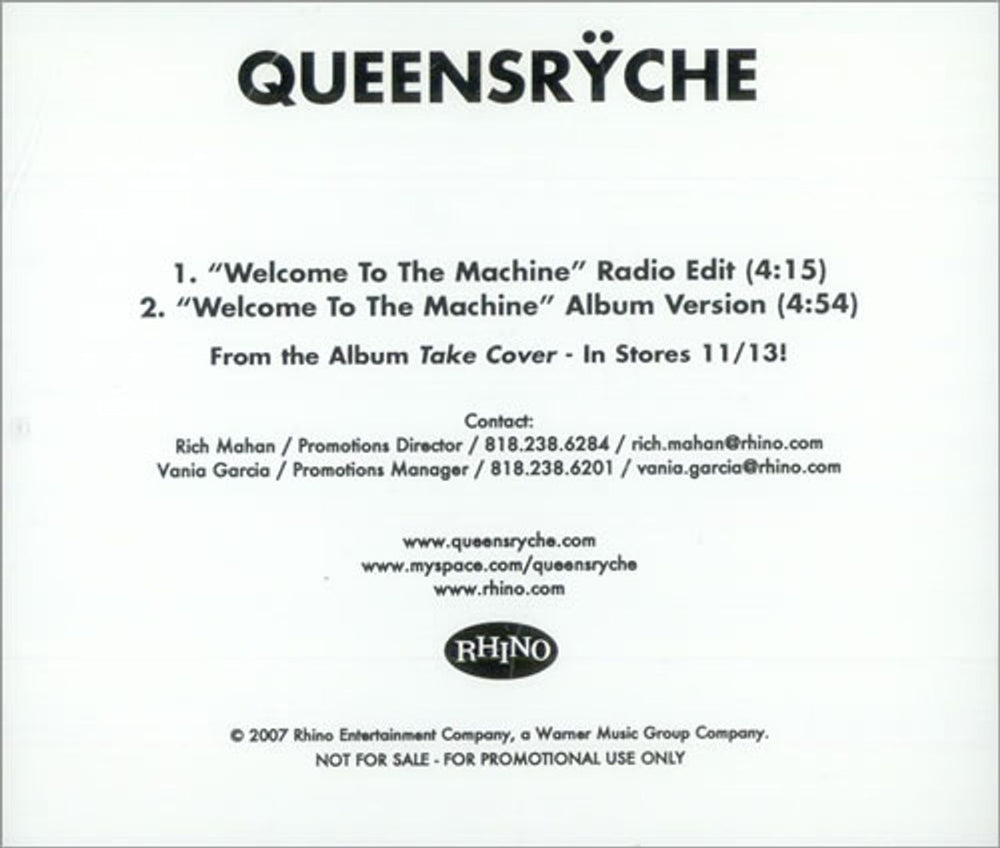 Queensryche Welcome To The Machine US Promo CD-R acetate CD-R ACETATE