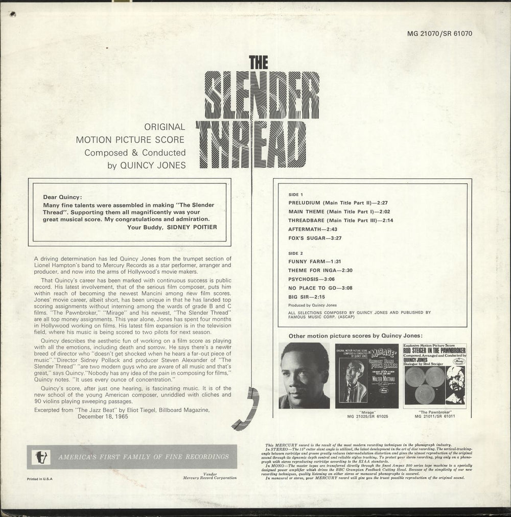 Quincy Jones The Slender Thread US vinyl LP album (LP record)