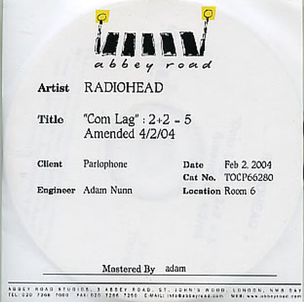 Radiohead Com Lag: 2+2=5 UK Promo CD-R acetate CDR ACETATE