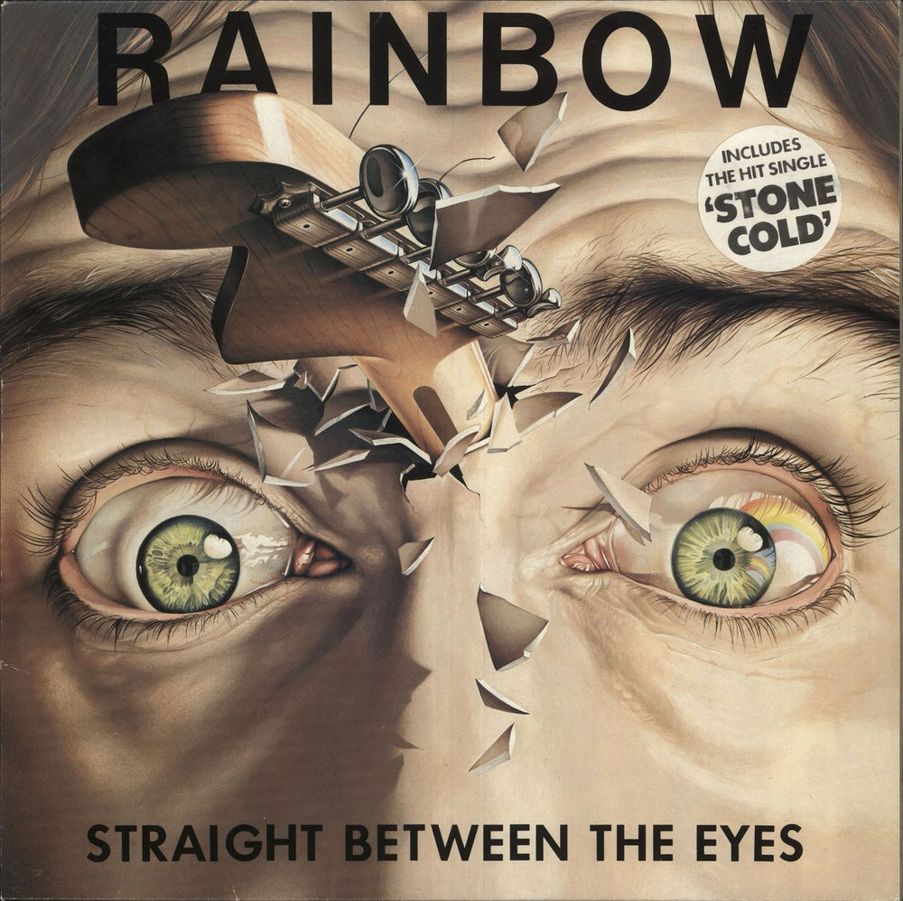 Rainbow Straight Between The Eyes - stickered p/s UK vinyl LP album (LP record) POLD5056