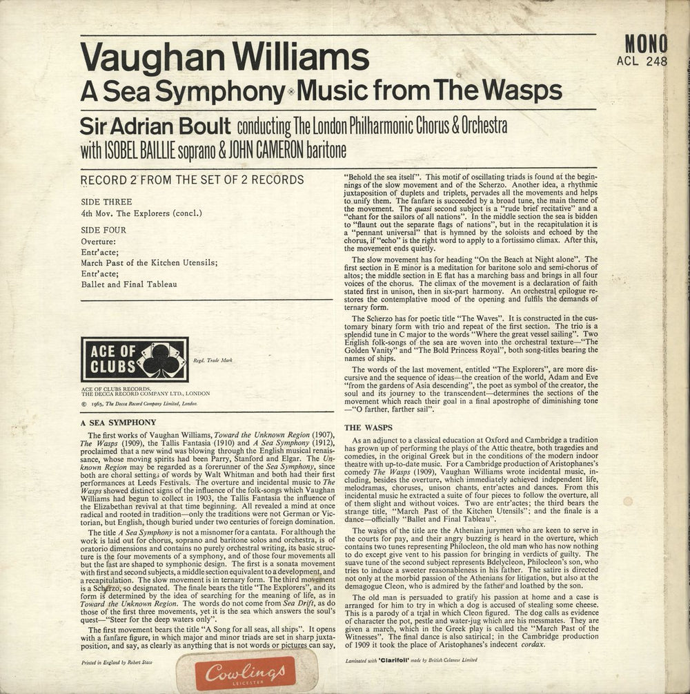 Ralph Vaughan Williams A Sea Symphony / The Wasps UK vinyl LP album (LP record)