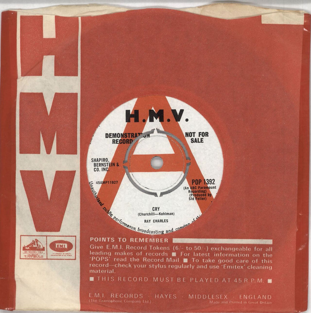 Ray Charles Cry UK Promo 7" vinyl single (7 inch record / 45) POP1392
