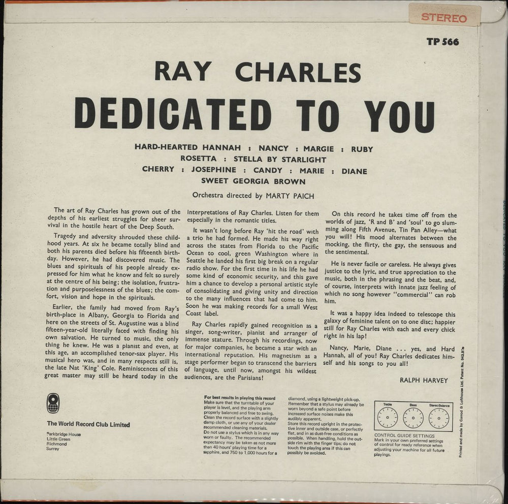 Ray Charles Dedicated To You UK vinyl LP album (LP record)