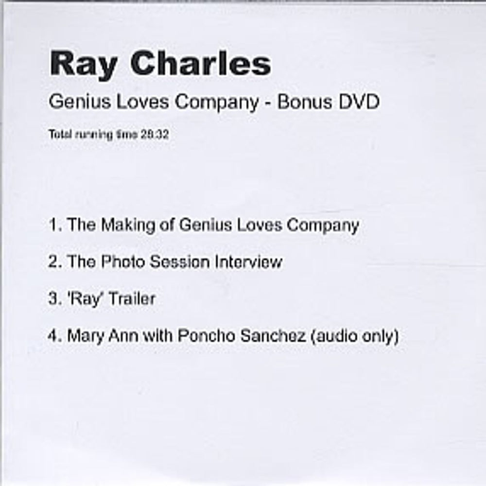 Ray Charles Genius Loves Company UK Promo DVD DVD-R ACETATE