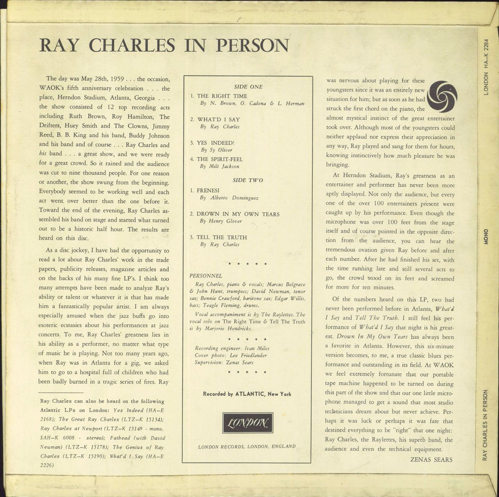 Ray Charles In Person UK vinyl LP album (LP record)