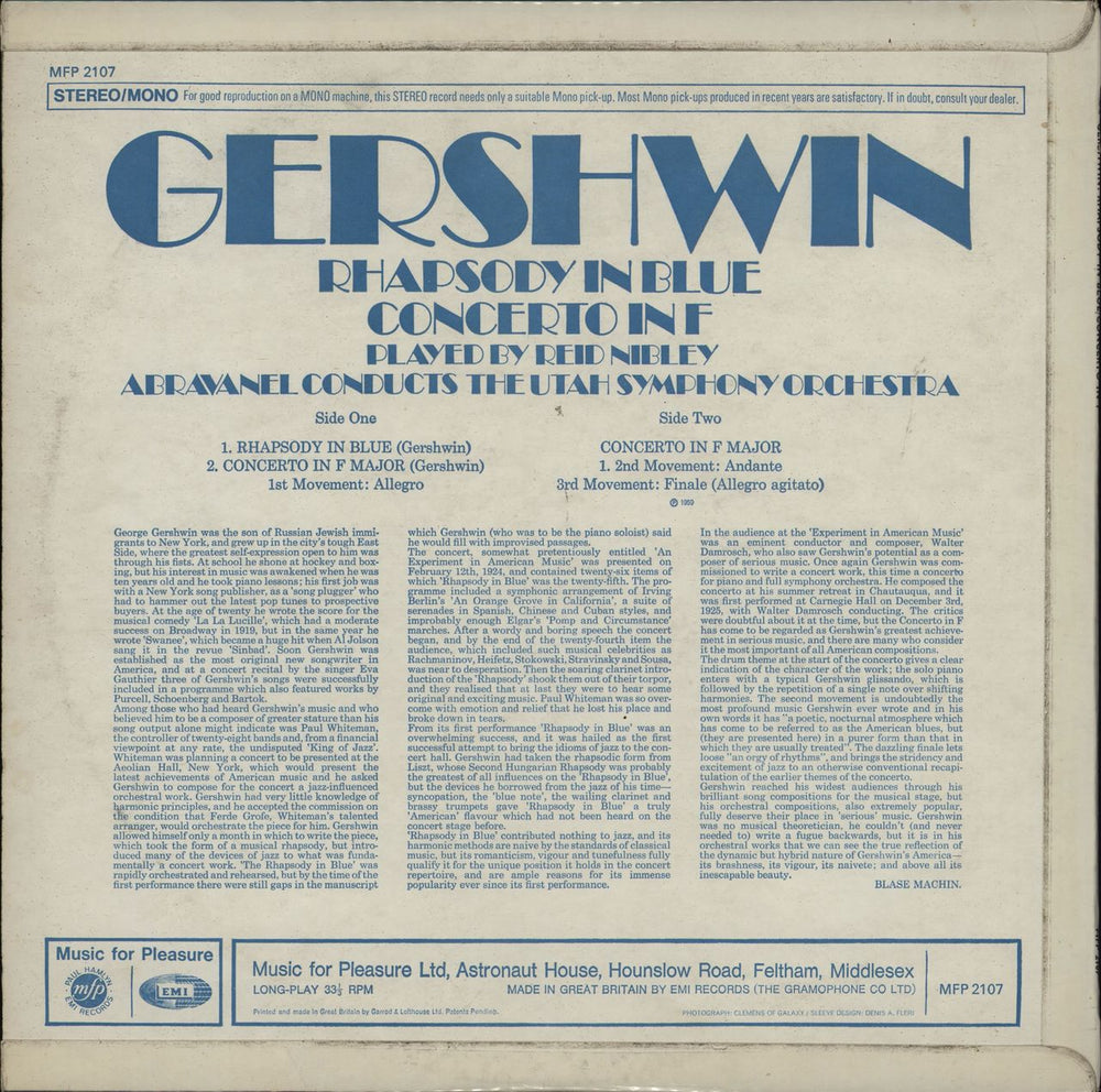 Reid Nibley Gershwin: Rhapsody In Blue / Concerto in F UK vinyl LP album (LP record)