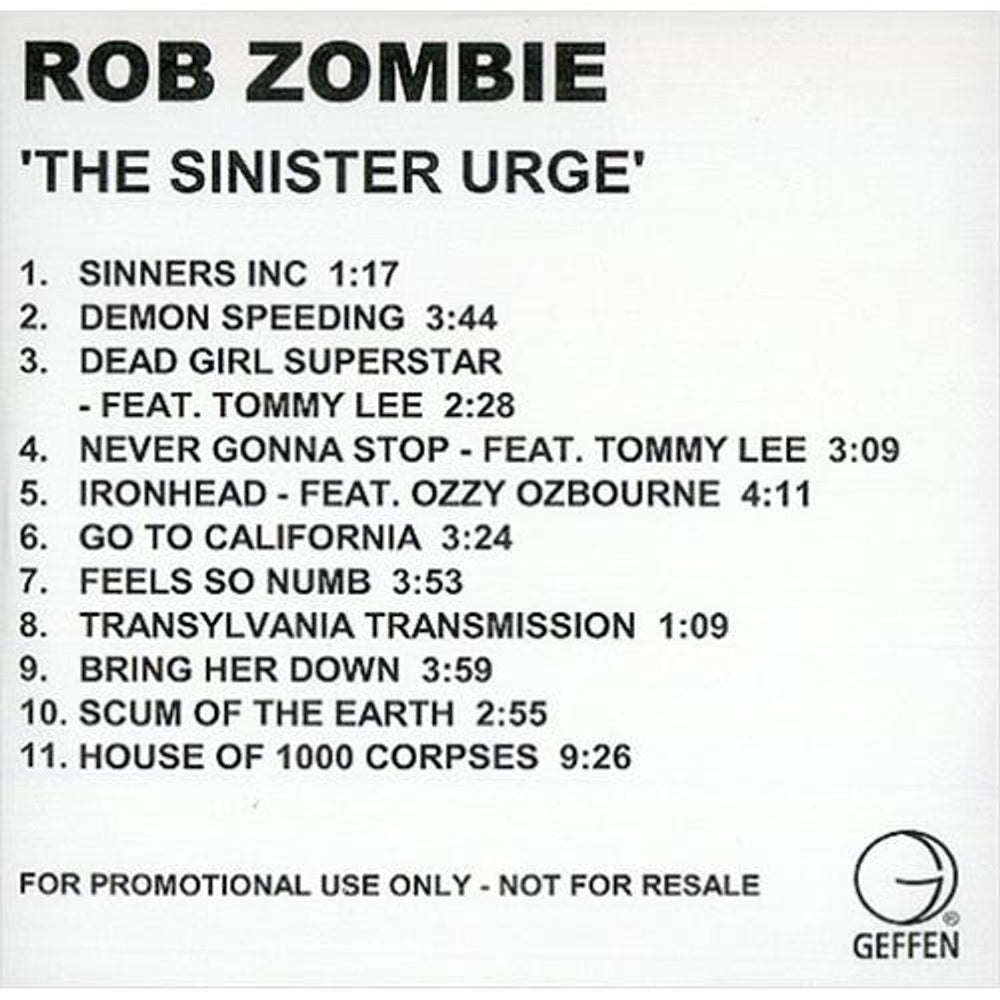 Rob Zombie The Sinister Urge US Promo CD-R acetate CDR ACETATE