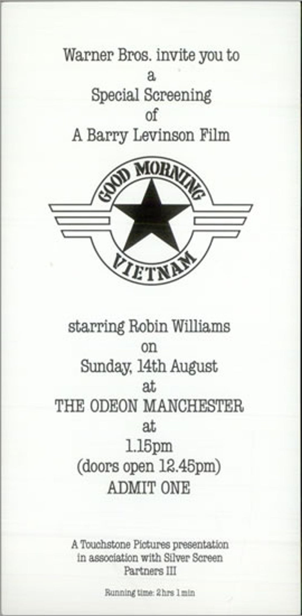 Robin Williams Good Morning Vietnam UK Promo memorabilia INVITATION