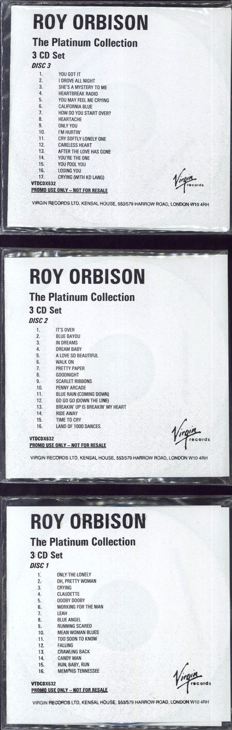 Roy Orbison The Platinum Collection UK Promo CD-R acetate 3 X CDR ACETATE