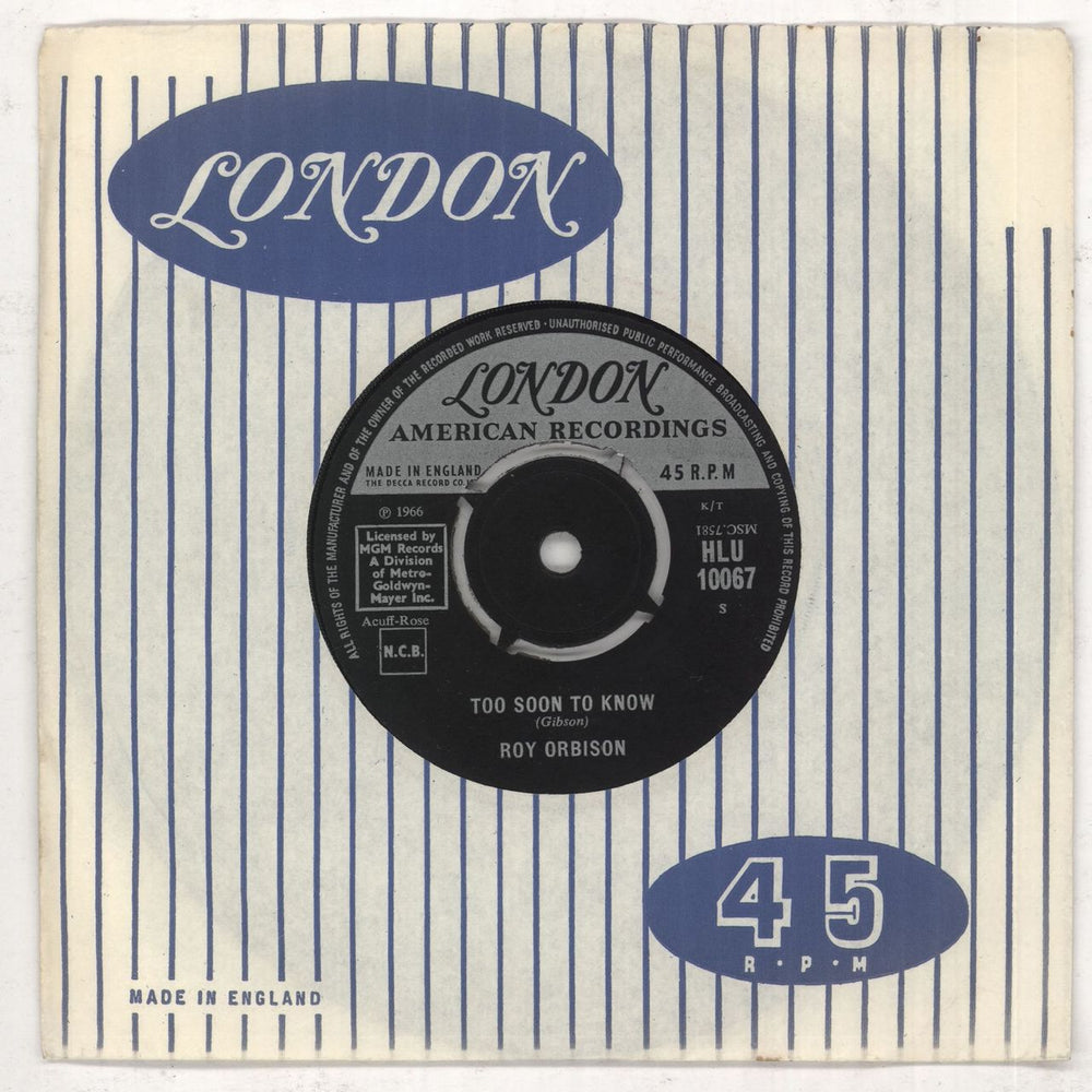 Roy Orbison Too Soon To Know - 2nd UK 7" vinyl single (7 inch record / 45) HLU10067