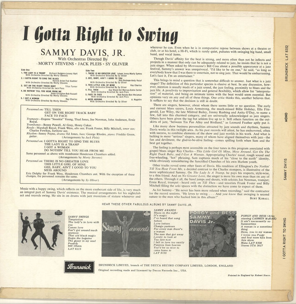 Sammy Davis Jr I Gotta Right To Swing UK vinyl LP album (LP record)