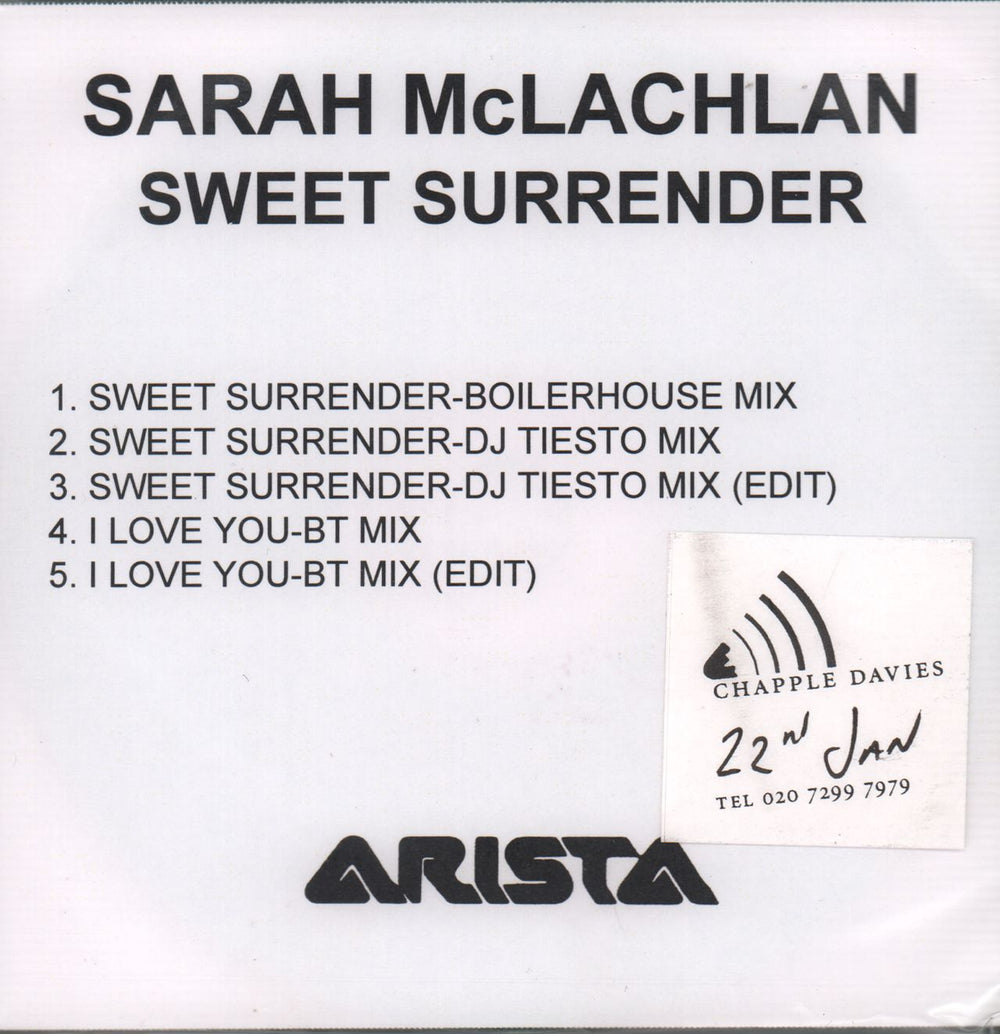 Sarah McLachlan Sweet Surrender - 4 tracks UK Promo CD-R acetate CDR