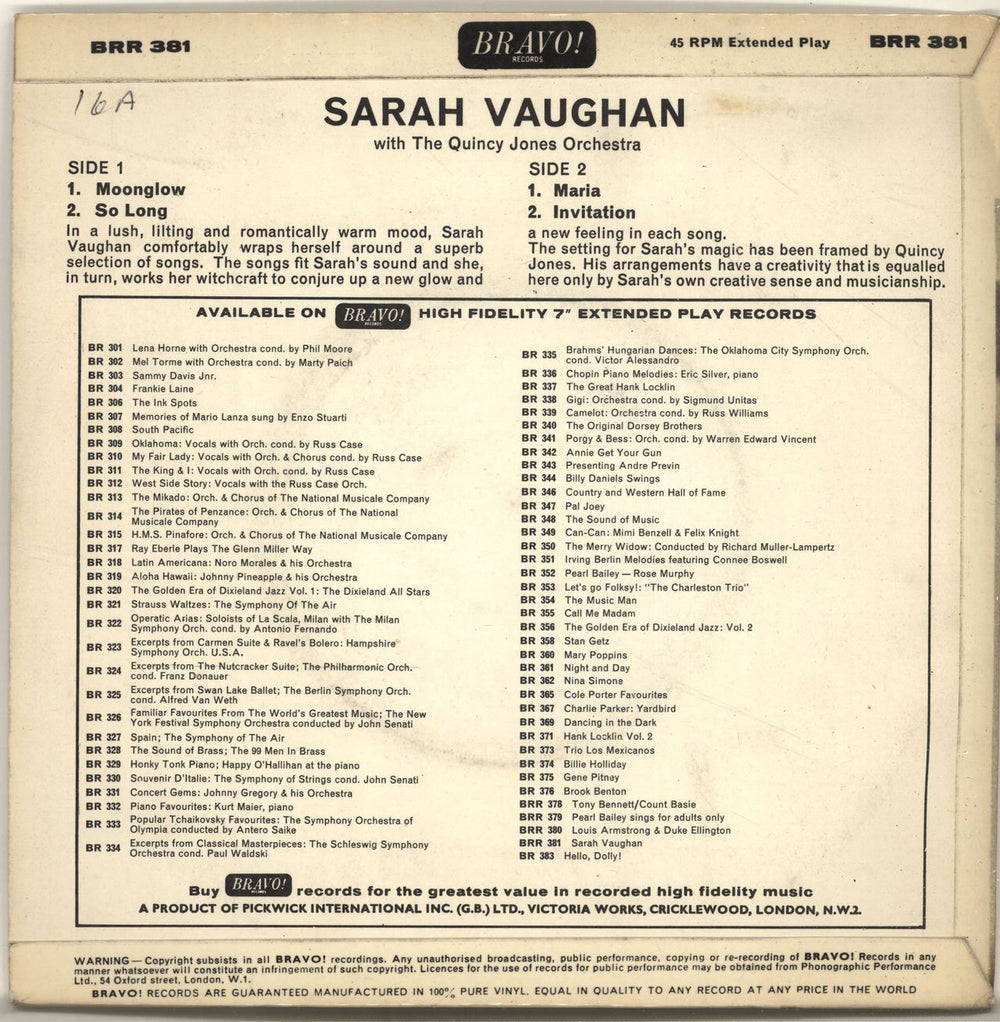 Sarah Vaughan Sarah Vaughan EP UK 7" vinyl single (7 inch record / 45) VAA07SA698425