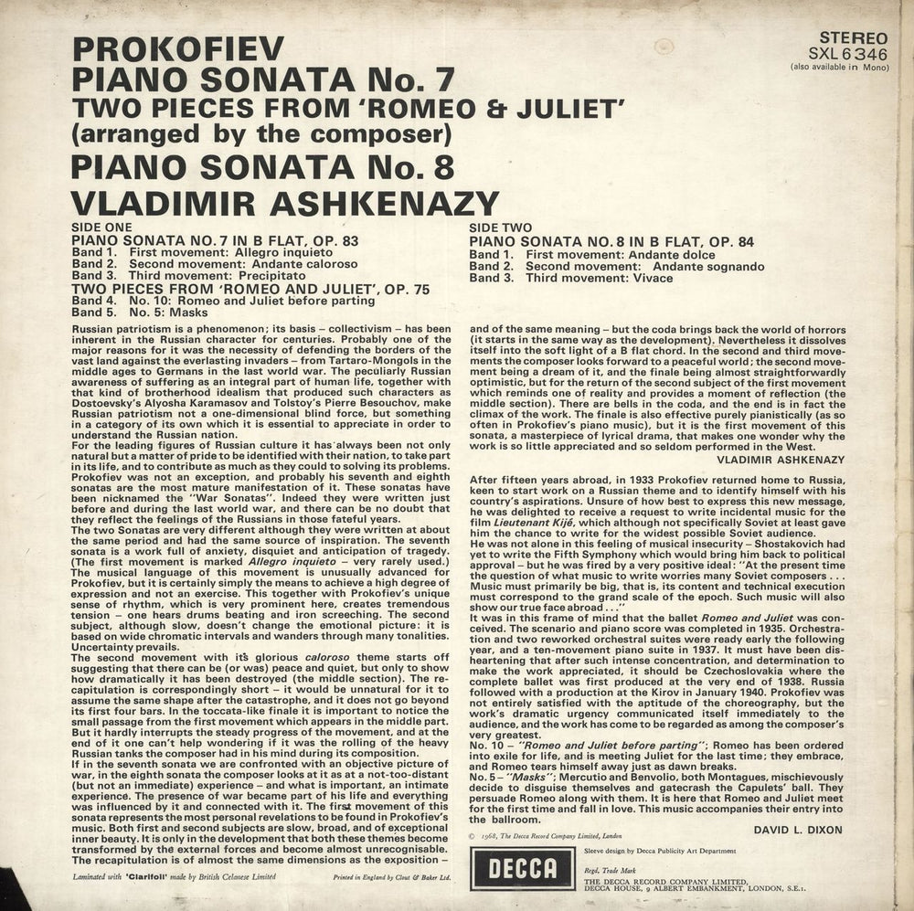 Sergei Prokofiev Prokofiev: Sonatas Nos.7 & 8, Two pieces from 'Romeo and Juliet' UK vinyl LP album (LP record)