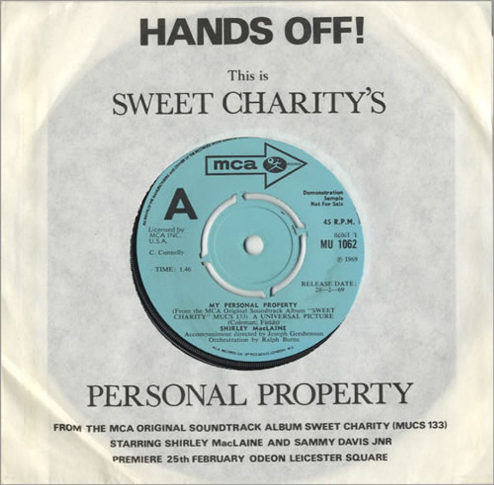 Shirley MacLaine My Personal Property UK Promo 7" vinyl single (7 inch record / 45) MU1062