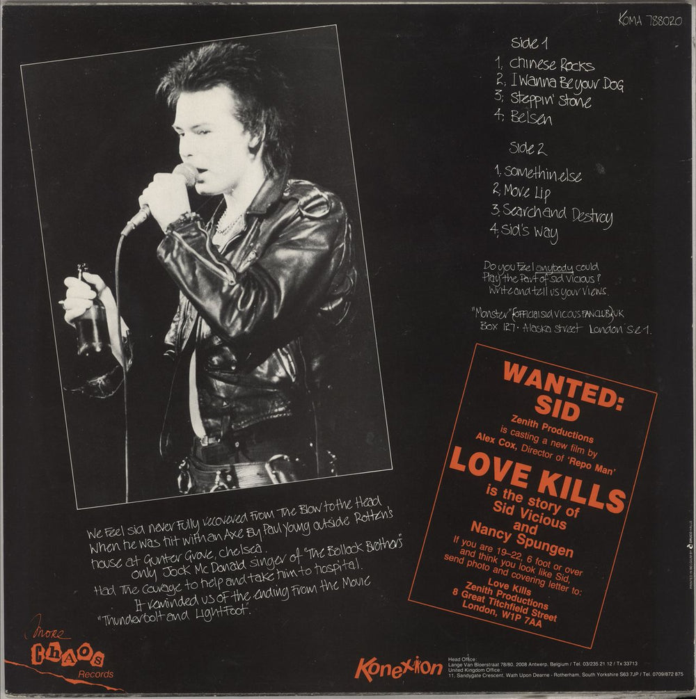 Sid Vicious Love Kills N.Y.C. Belgian vinyl LP album (LP record)