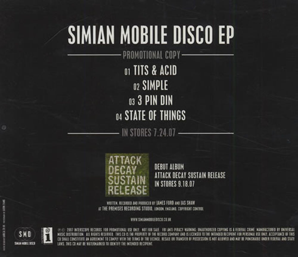 Simian Mobile Disco Simian Mobile Disco EP US Promo CD-R acetate DI6CRSI429530