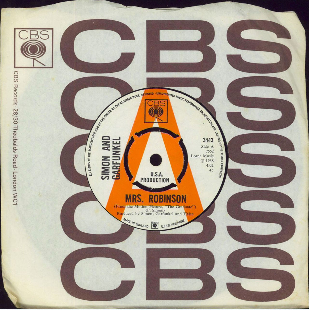Simon & Garfunkel Mrs. Robinson - A label UK Promo 7" vinyl single (7 inch record / 45) 3443