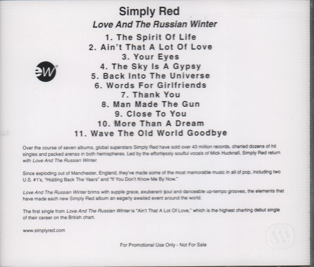 Simply Red Love And The Russian Winter US Promo CD album (CDLP) REDCDLO147105