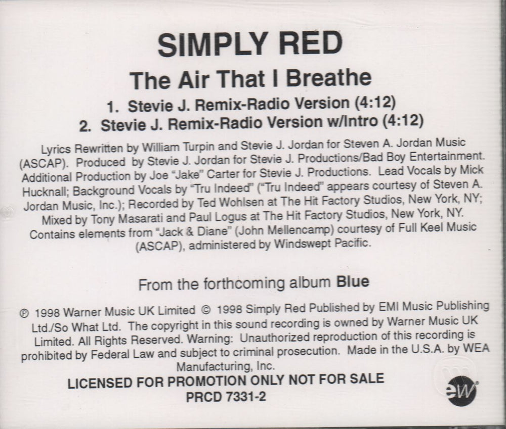 Simply Red The Air That I Breathe US Promo CD single (CD5 / 5") PRCD7331-2