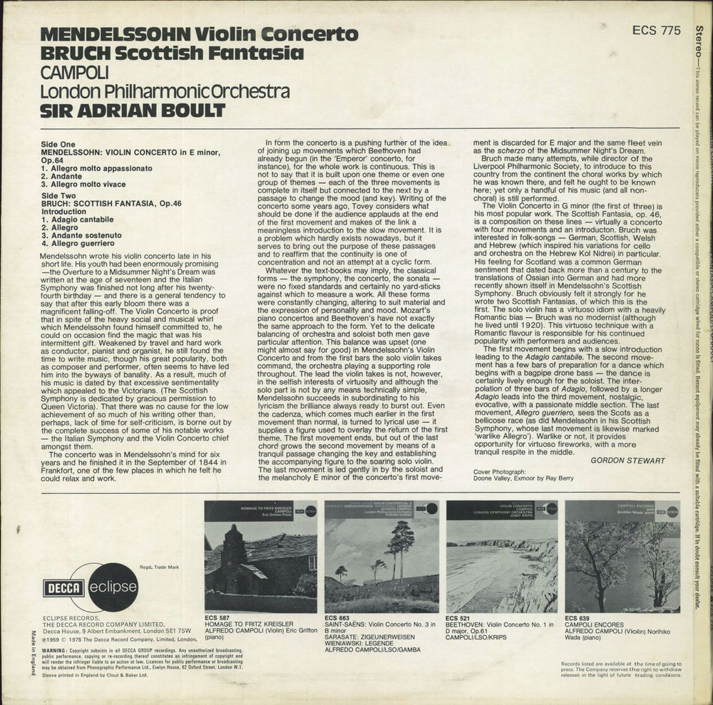 Sir Adrian Boult Mendelsoohn: Violin Concerto / Bruch: Scottish Fantasia UK vinyl LP album (LP record)