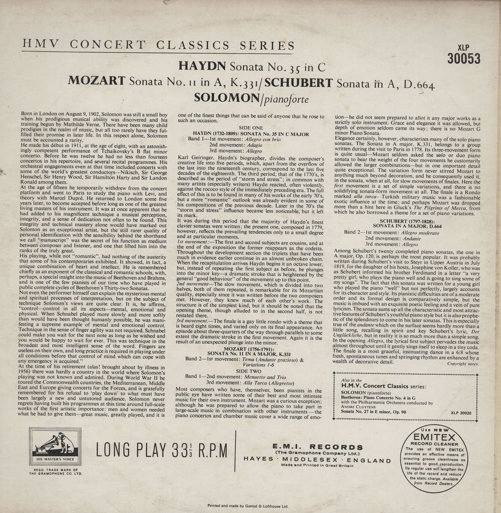 Solomon Haydn: Sonata No. 35 in C / Mozart: Sonata No. 11 in A, K.331 / Schubert: Sonata in A, D.664 UK vinyl LP album (LP record)