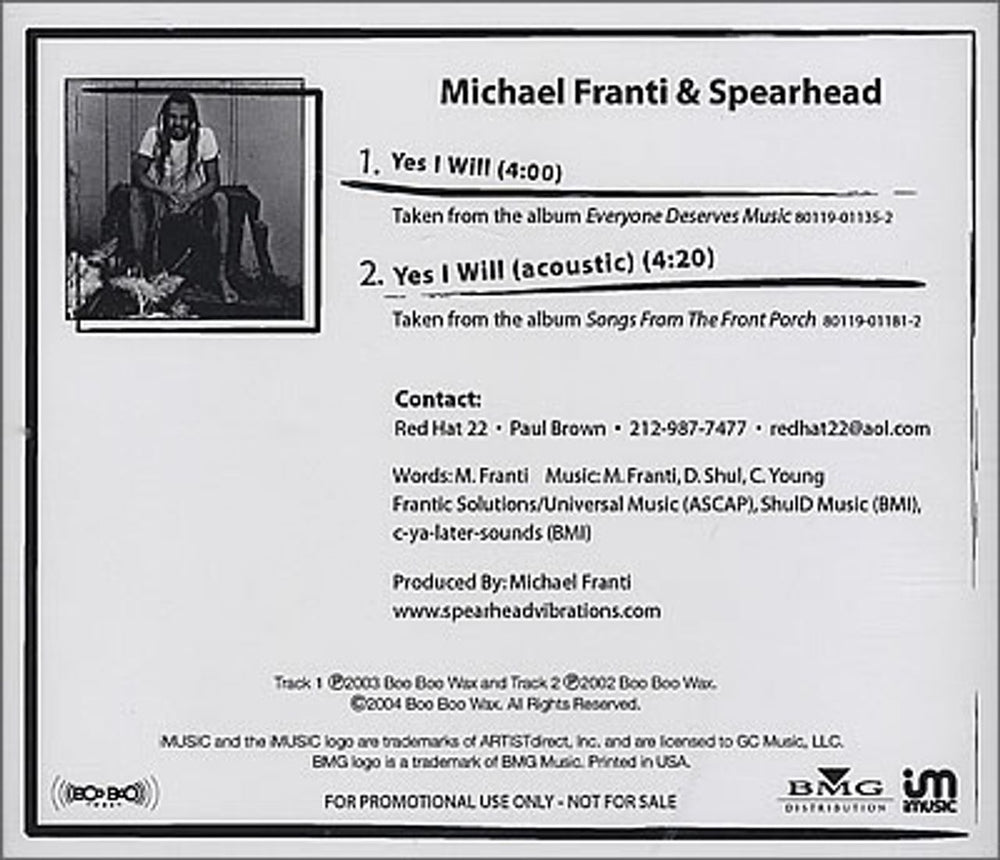 Spearhead Yes I Will US Promo CD-R acetate CD-R ACETATE