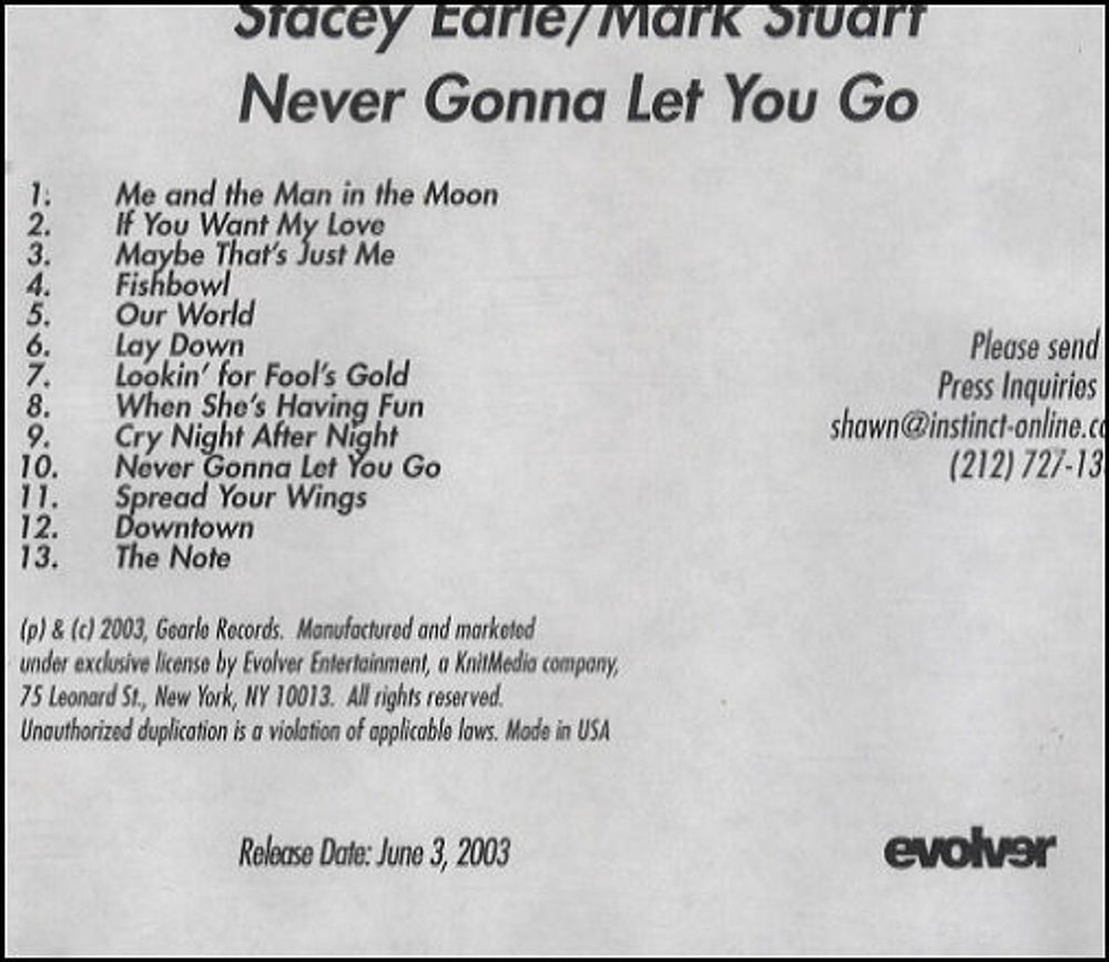 Stacey Earle Never Gonna Let You Go US Promo CD-R acetate CD-R ACETATE