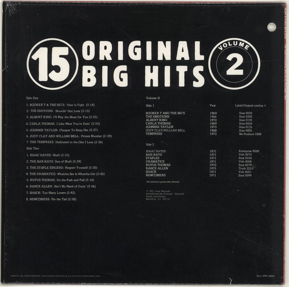Stax 15 Original Big Hits Vol. 2 US vinyl LP album (LP record)