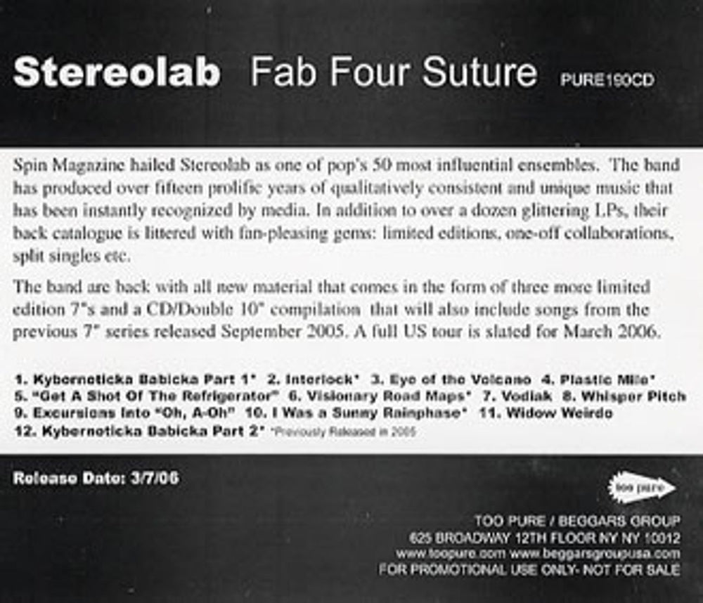 Stereolab Fab Four Suture US Promo CD album (CDLP) STBCDFA354013