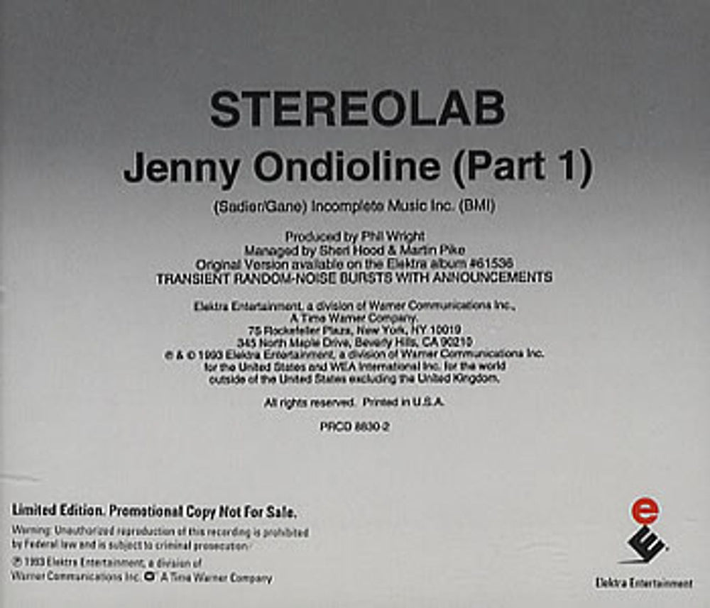 Stereolab Jenny Ondioline  US Promo CD single (CD5 / 5") STBC5JE42122