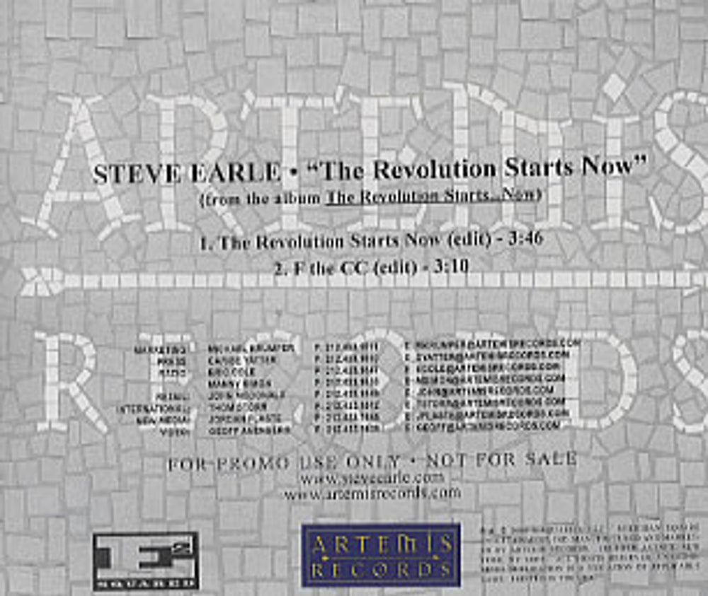 Steve Earle The Revolution Starts Now US Promo CD single (CD5 / 5") ARTCD-242