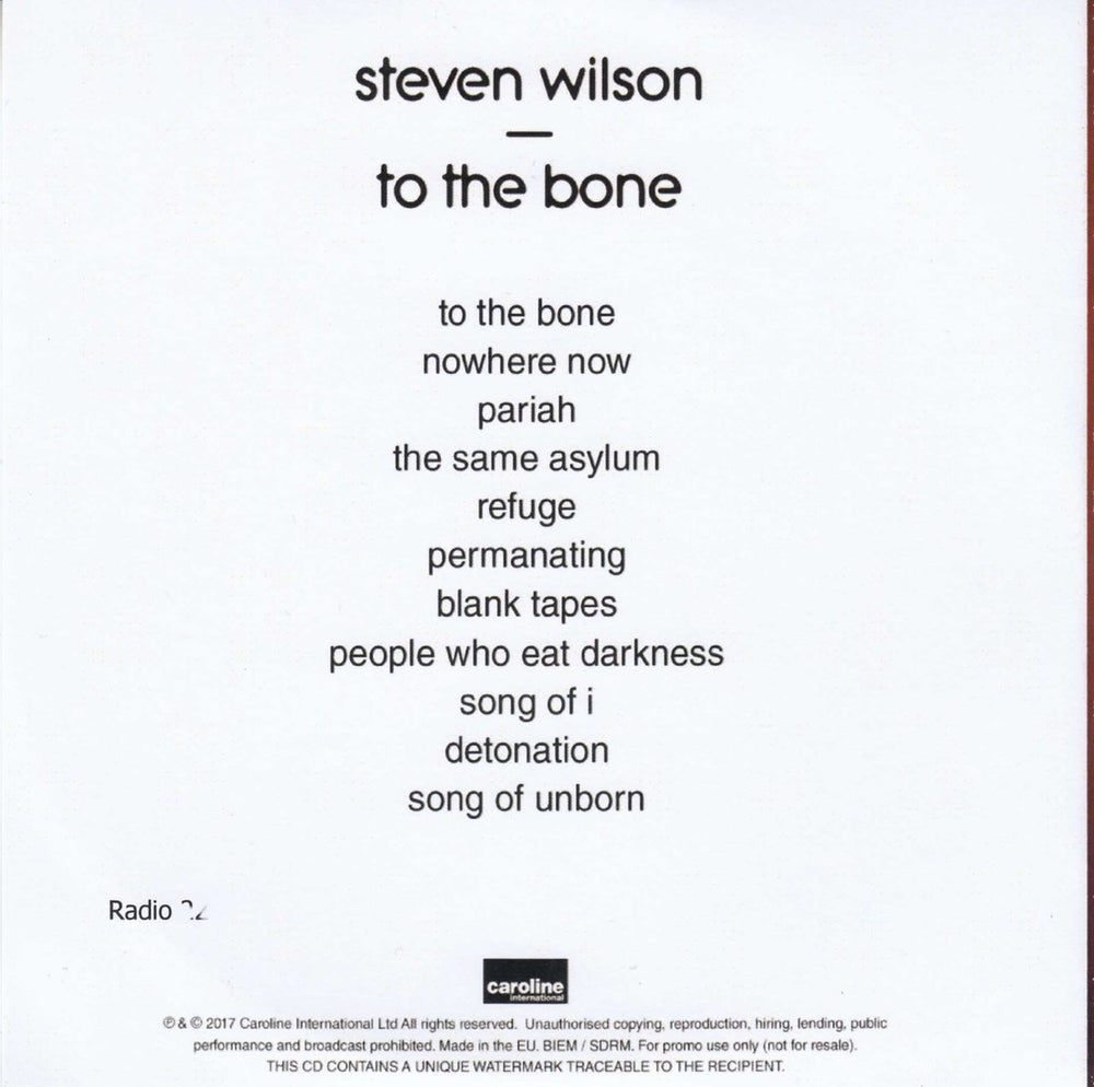 Steven Wilson To The Bone - Numbered UK Promo CD-R acetate SXWCRTO680767