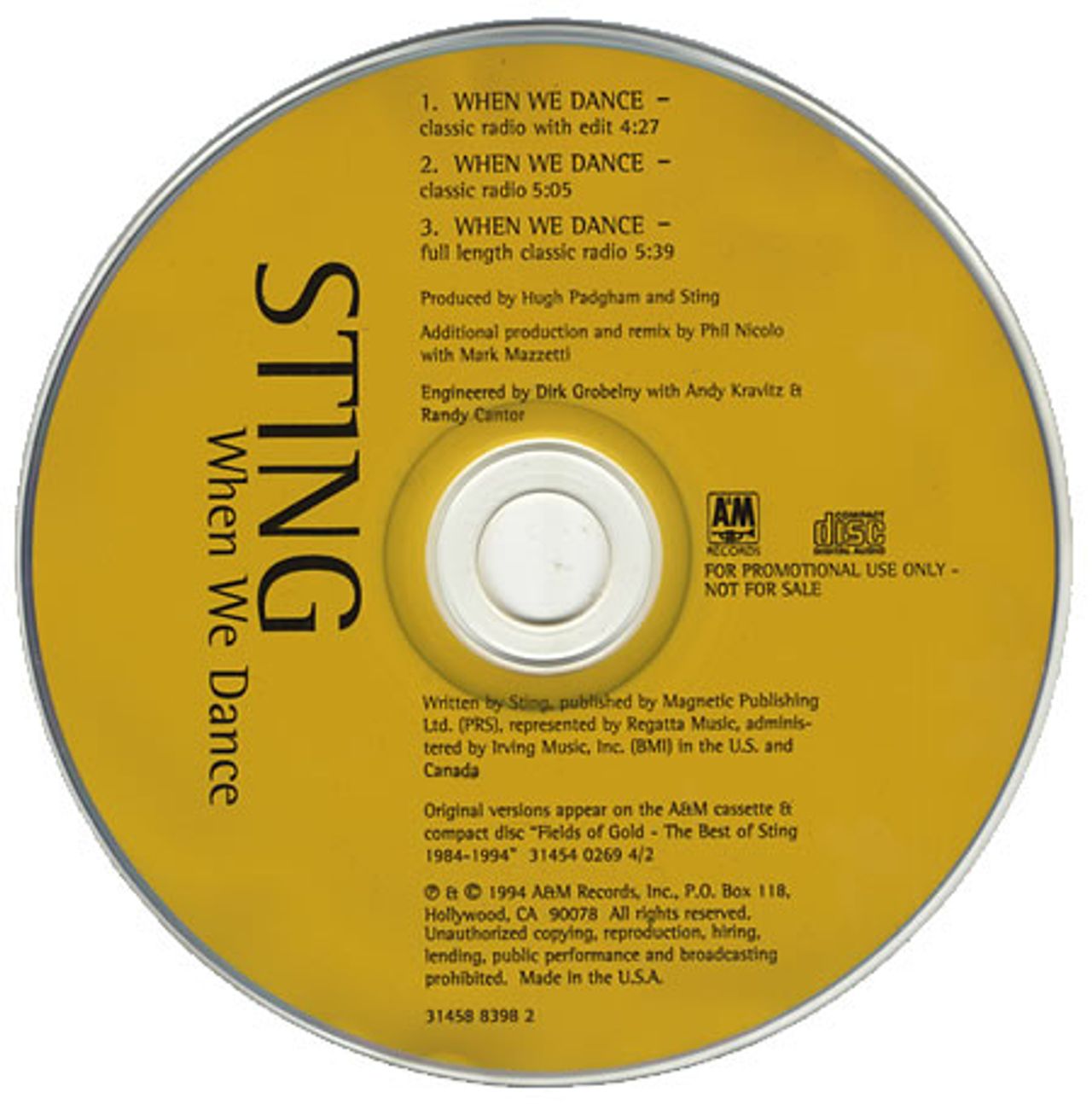 Sting When We Dance US Promo CD single (CD5 / 5") 31458-8398-2