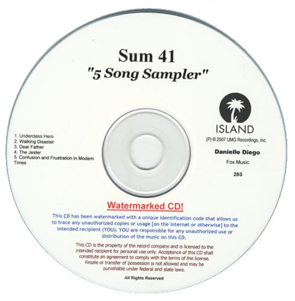 Sum 41 Underclass Hero - 5-Song Sampler US Promo CD-R acetate CD-R ACETATE