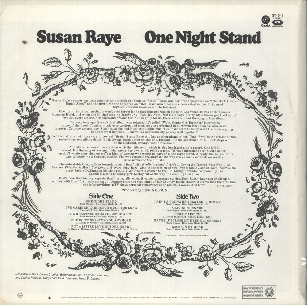 Susan Raye One Night Stand US vinyl LP album (LP record)