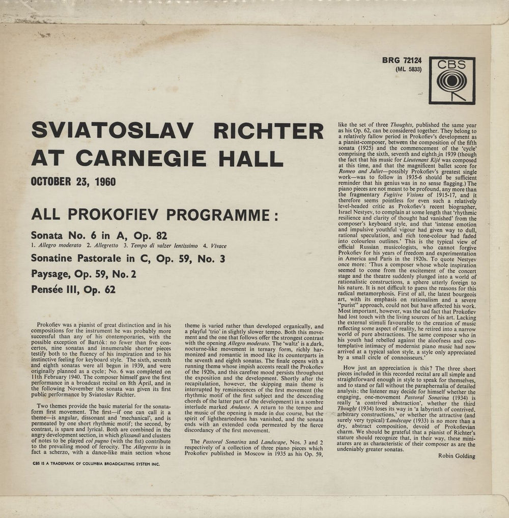 Sviatoslav Richter Sviatoslav Richter At Carnegie Hall - All Prokofiev Programme UK vinyl LP album (LP record)