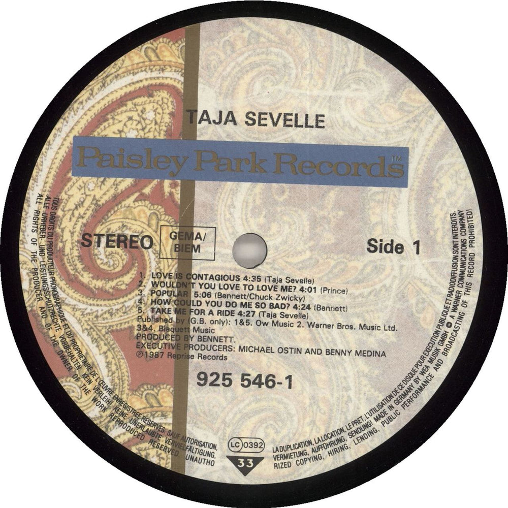 Taja Sevelle Taja Sevelle German vinyl LP album (LP record) 075992554619