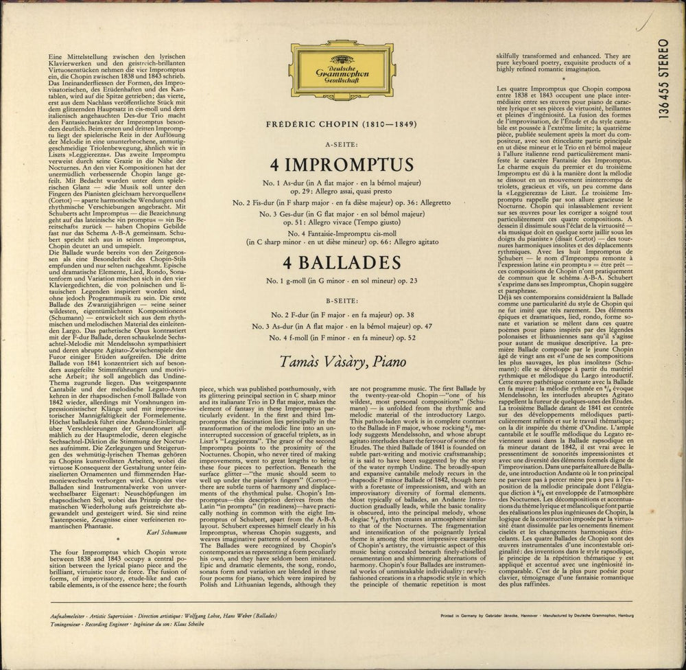 Tamás Vásáry Chopin: 4 Impromptus / 4 Balladen German vinyl LP album (LP record)