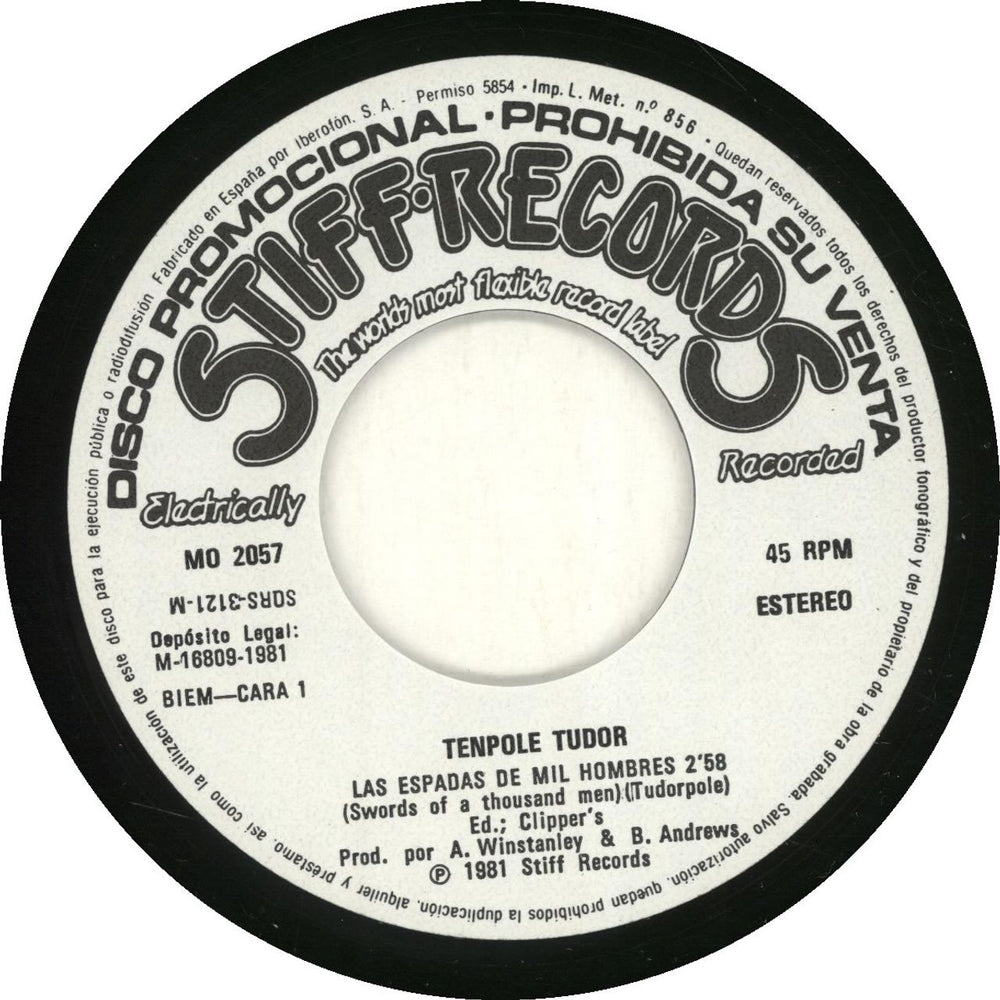 Tenpole Tudor Las Espadas De Mil Hombres Spanish Promo 7" vinyl single (7 inch record / 45)