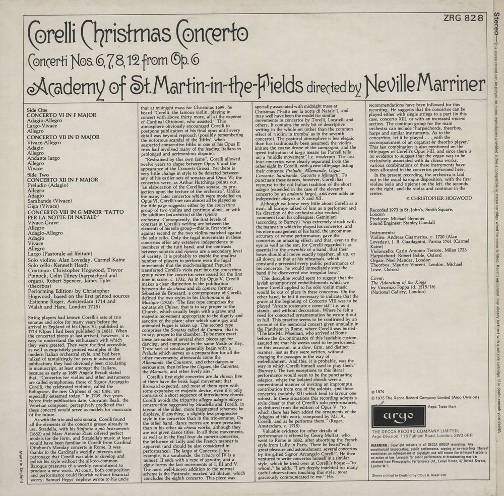 The Academy Of St. Martin-In-The-Fields Corelli Christmas Concerto UK vinyl LP album (LP record)