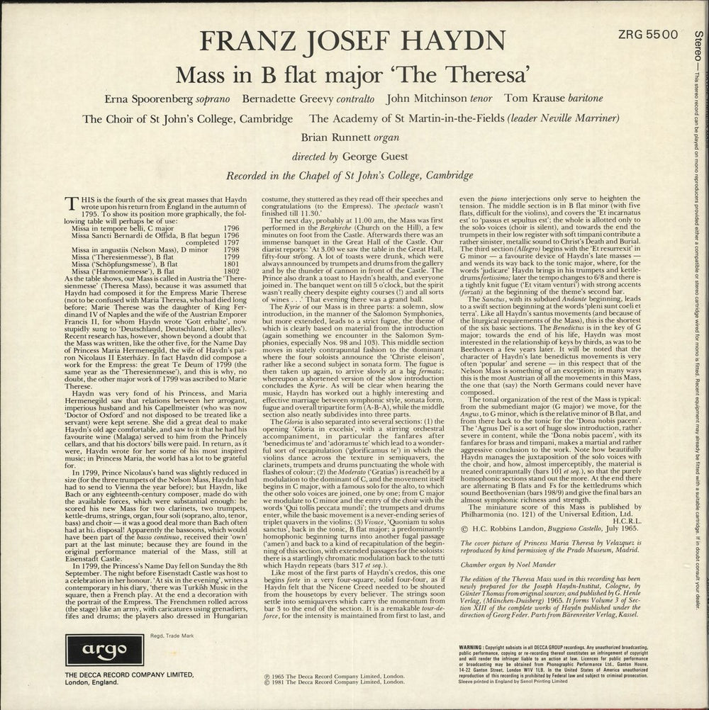 The Academy Of St. Martin-In-The-Fields Haydn: Theresa Mass UK vinyl LP album (LP record)