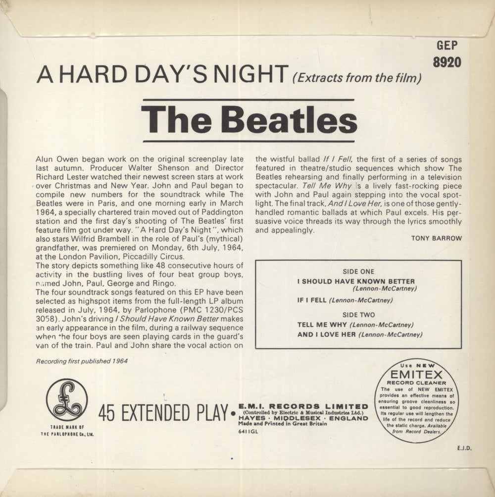 The Beatles A Hard Day's Night No. 1 EP - EMI Text - Solid Centre UK 7" vinyl single (7 inch record / 45)