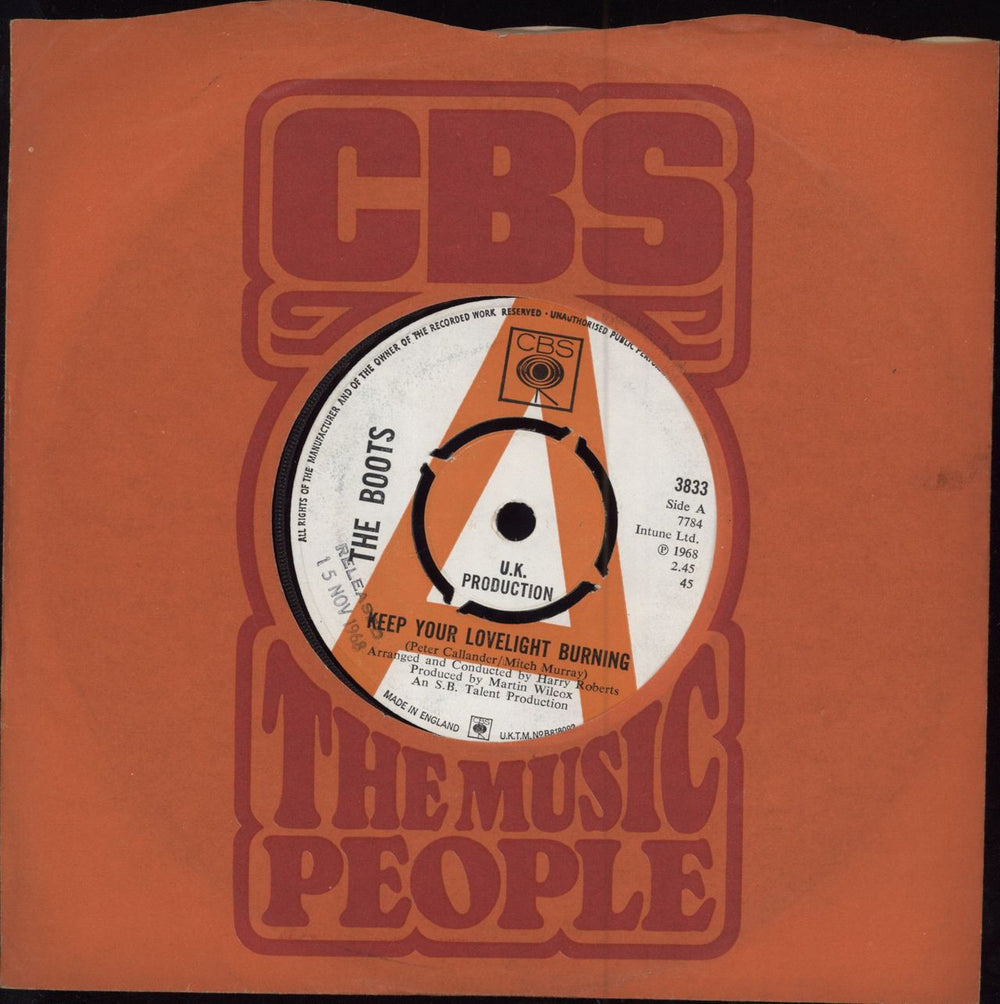 The Boots Keep Your Lovelight Burning - A Label UK Promo 7" vinyl single (7 inch record / 45) 3833