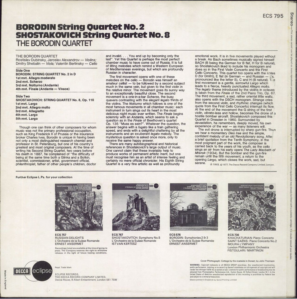 The Borodin String Quartet Borodin: String Quartet No. 2 / Shostakovich: String Quartet No. 8 UK vinyl LP album (LP record)