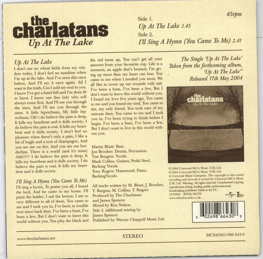 The Charlatans (UK) Up At The Lake UK 7" vinyl single (7 inch record / 45) CHA07UP283308