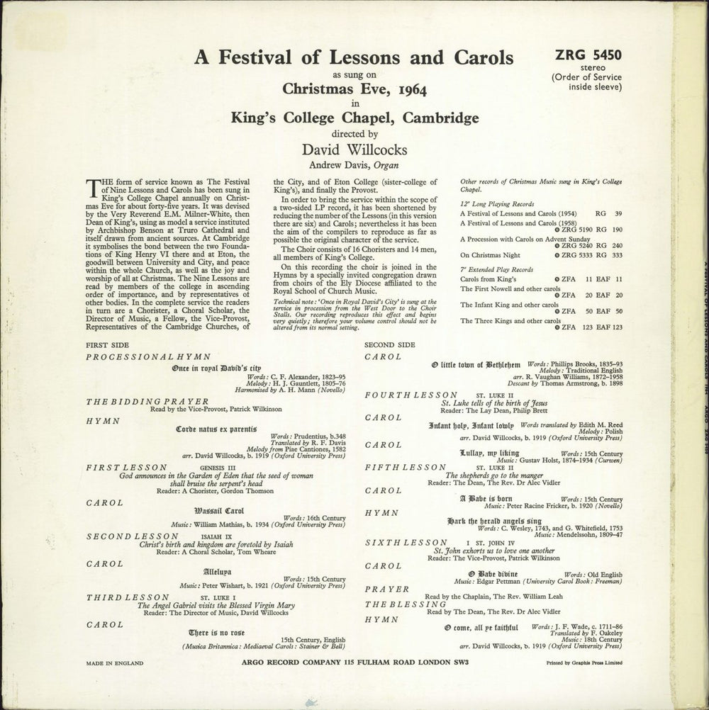 The Choir Of King's College, Cambridge A Festival Of Lessons And Carols UK vinyl LP album (LP record)