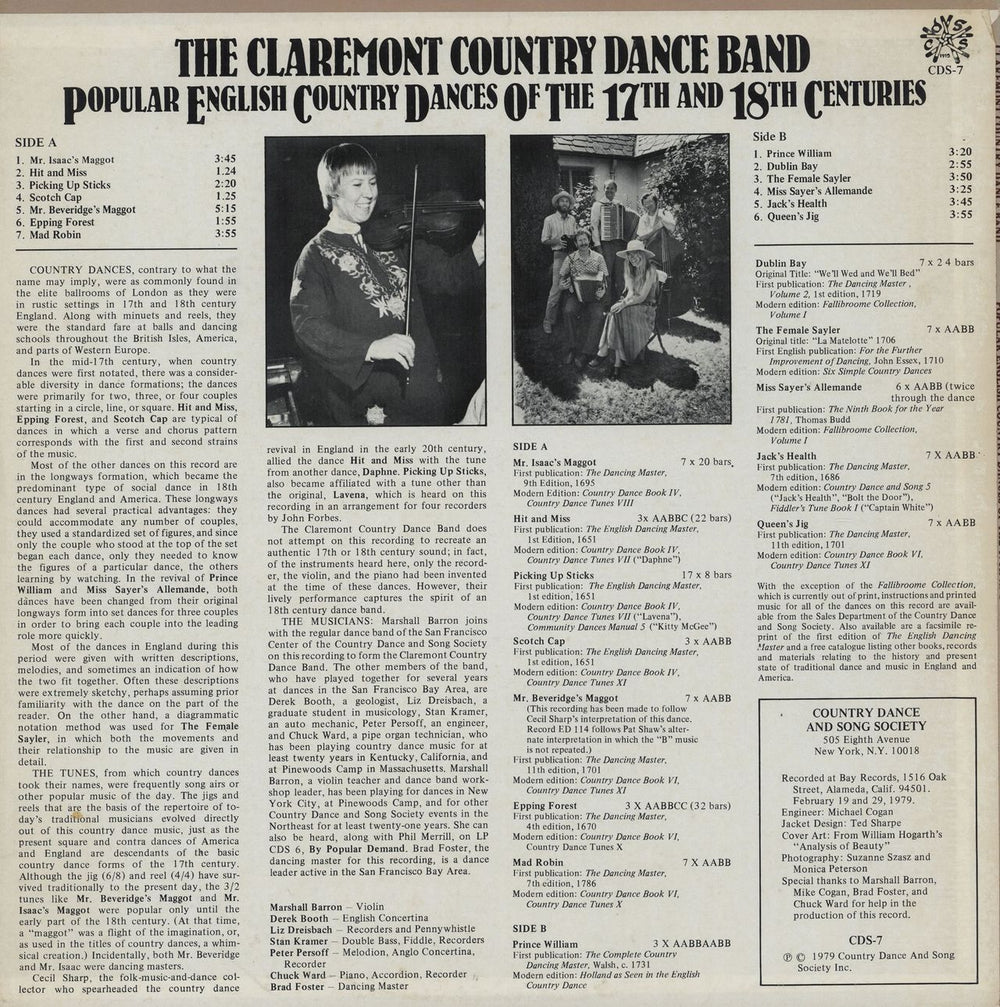 The Claremont Country Dance Band Popular English Country Dances Of The 17th And 18th Centuries US vinyl LP album (LP record)