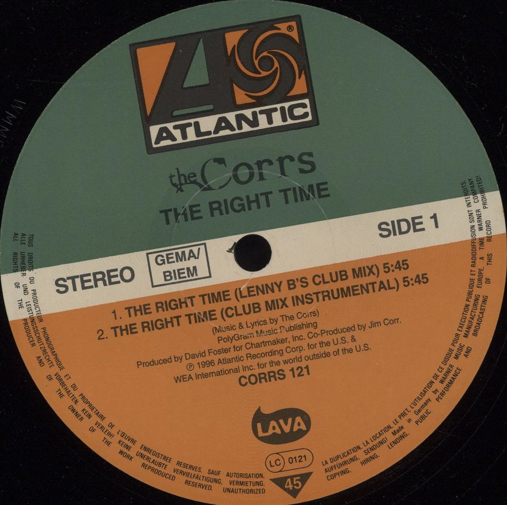The Corrs The Right Time German Promo 12" vinyl single (12 inch record / Maxi-single) CORRS121